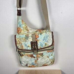 Fossil Womens Crossbody Purse Canvas Map Print Y2K Grunge Boho Twee Travel